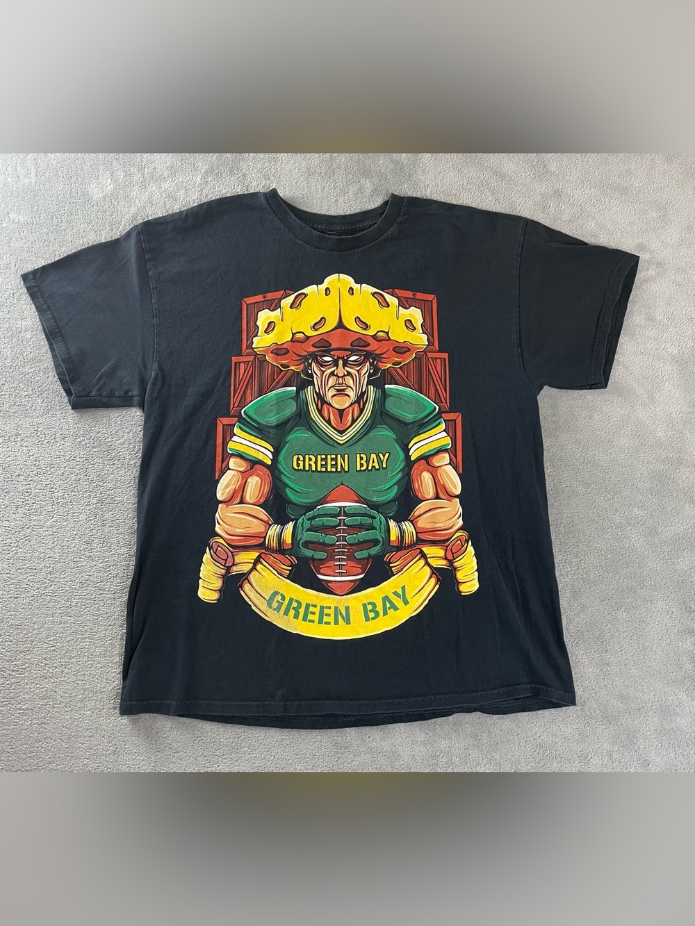 Green Bay Cheesehead Football T Shirt Vintage Sz XL Graphic Art Muscle Man Black